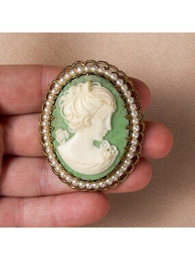 Vintage Green Ivory Tone Lady Cameo Brooch Pin Signed Germany Ornate Filigree A5